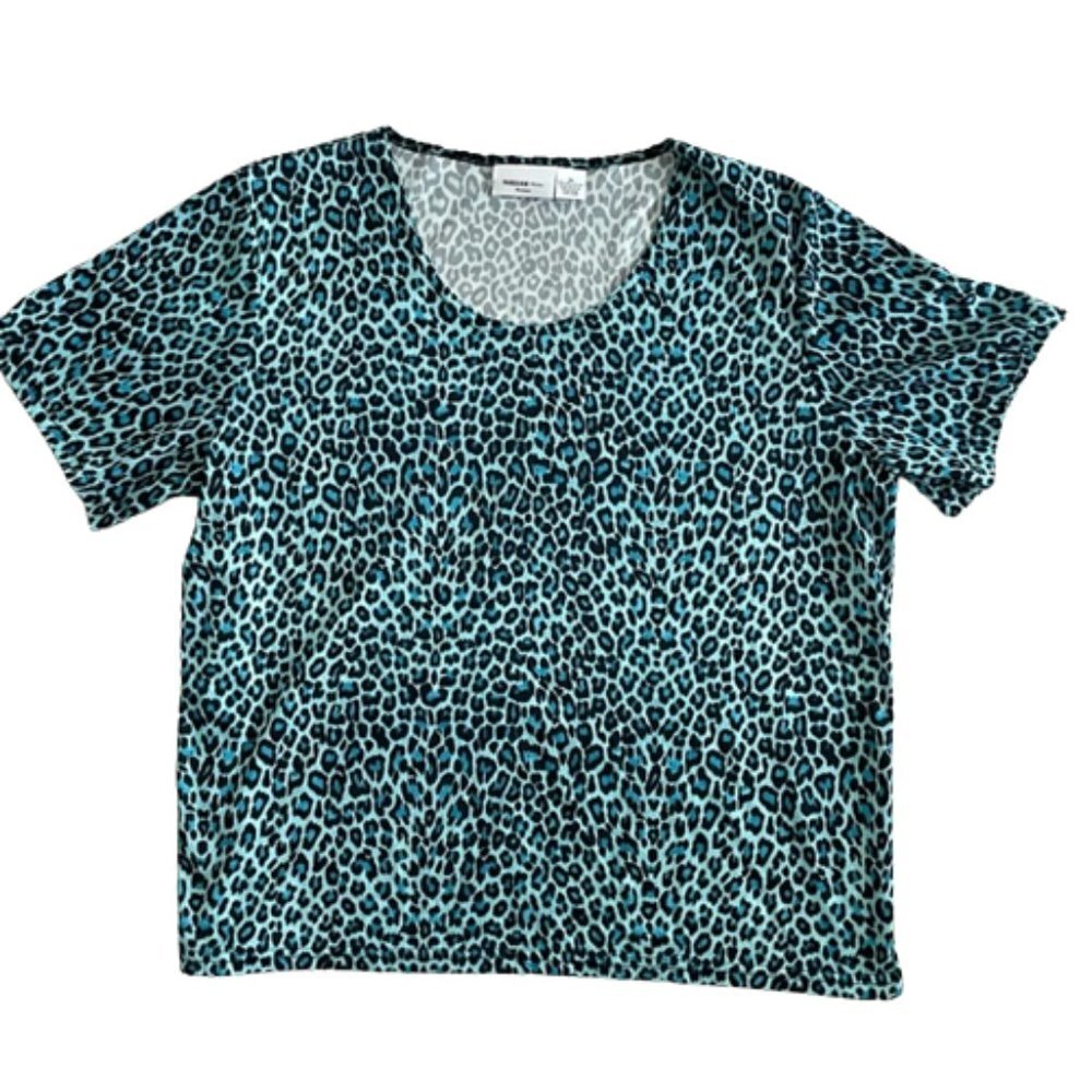 Parisian Works Animal Print blue LEOPARD scoop neck short sleeve shirt 2x